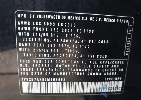 2020 Volkswagen Tiguan 2.0T Se/2.0T Se R-Line Black/2.0T Sel из США, поврежденный, VIN 3VV2B7AX9LM108692